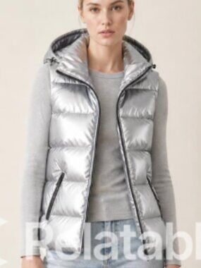 New Silver Metallic Hooded Puffer Vest XL